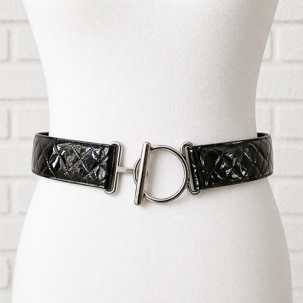 Black Patent‎ Leather Quilted Belt M/L O-Ring Adjustable Equestrian Old Money